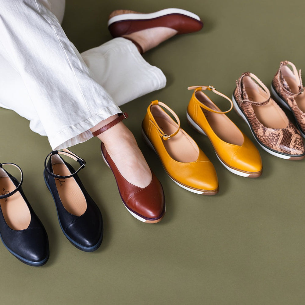 Soleni Shoes Ruth Flat Cognac Leather Mary Jane Orthopedic Flat